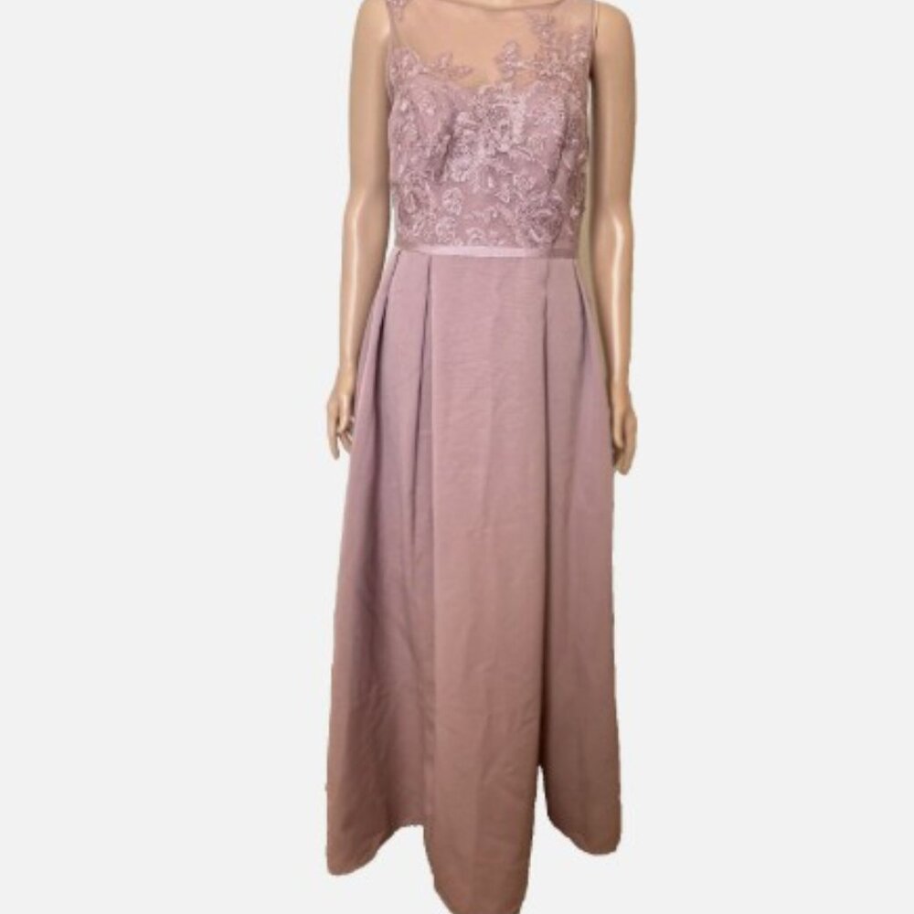 OLEG CASSINI Appliqued Illusion Lace Faille Maxi Dress Gown Size 6 - Excellent
